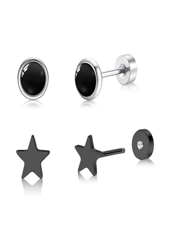 BLISI 2 Pairs Titanium Black Onyx & Heart/Moon/Star/Dot Earrings - Flat Back Earring Black Stud Earrings for Men & Women -Hypoallergenic, Trendy Earring Ideal for Daily Wear, Parties & Gifting (Black, Onyx+Star) - Image 1